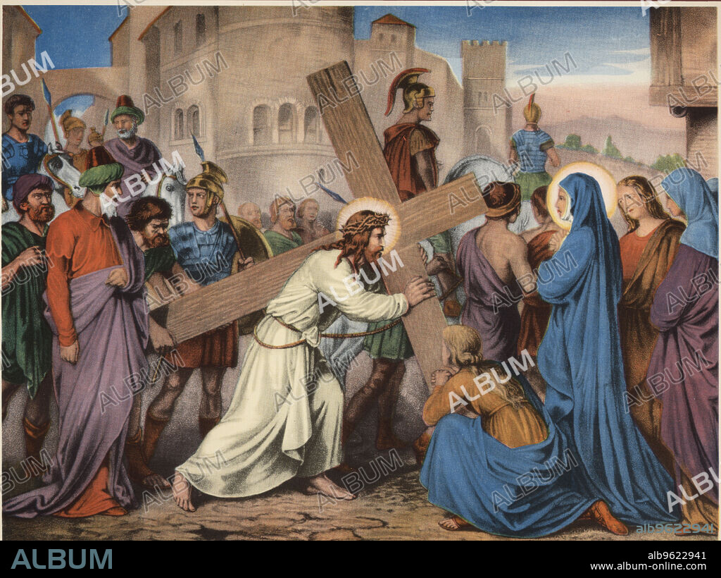 Via Crucis. Fourth station. Jesus meets His Blessed Mother. Drawing by Pascual. Barsal Editions, Barcelona, 1920s.