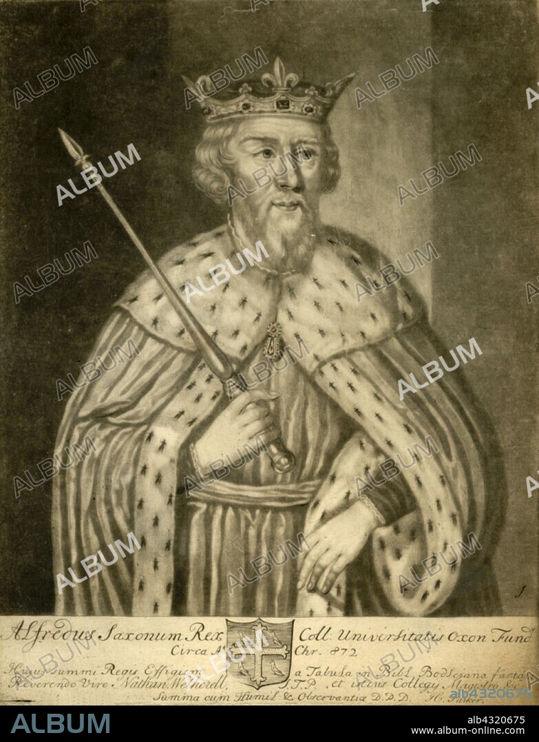 Alfred the Great, 1712. Portrait of Alfred wearing a crown and ermine robes, and holding a sceptre. King Alfred (849-899 AD) was King of Wessex from 871 to c886, and King of the Anglo-Saxons from c886 to 899. The text below refers to his founding of University College Oxford, but the college was actually founded by William of Durham, who died in 1249. After a painting in the Bodleian Gallery. [Henry Parker, London, 1712].