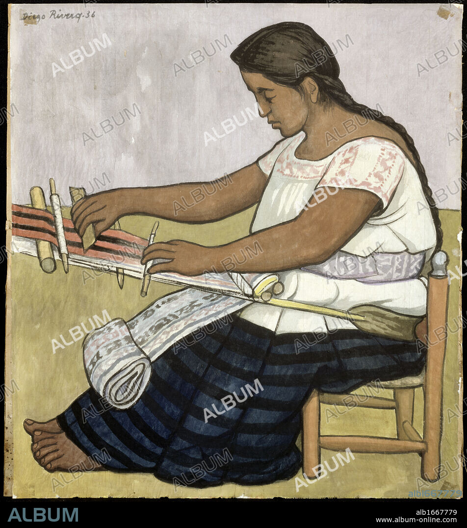 Weaver, Tejedora by Diego Rivera, watercolor painting, 1936, 1886-1957.