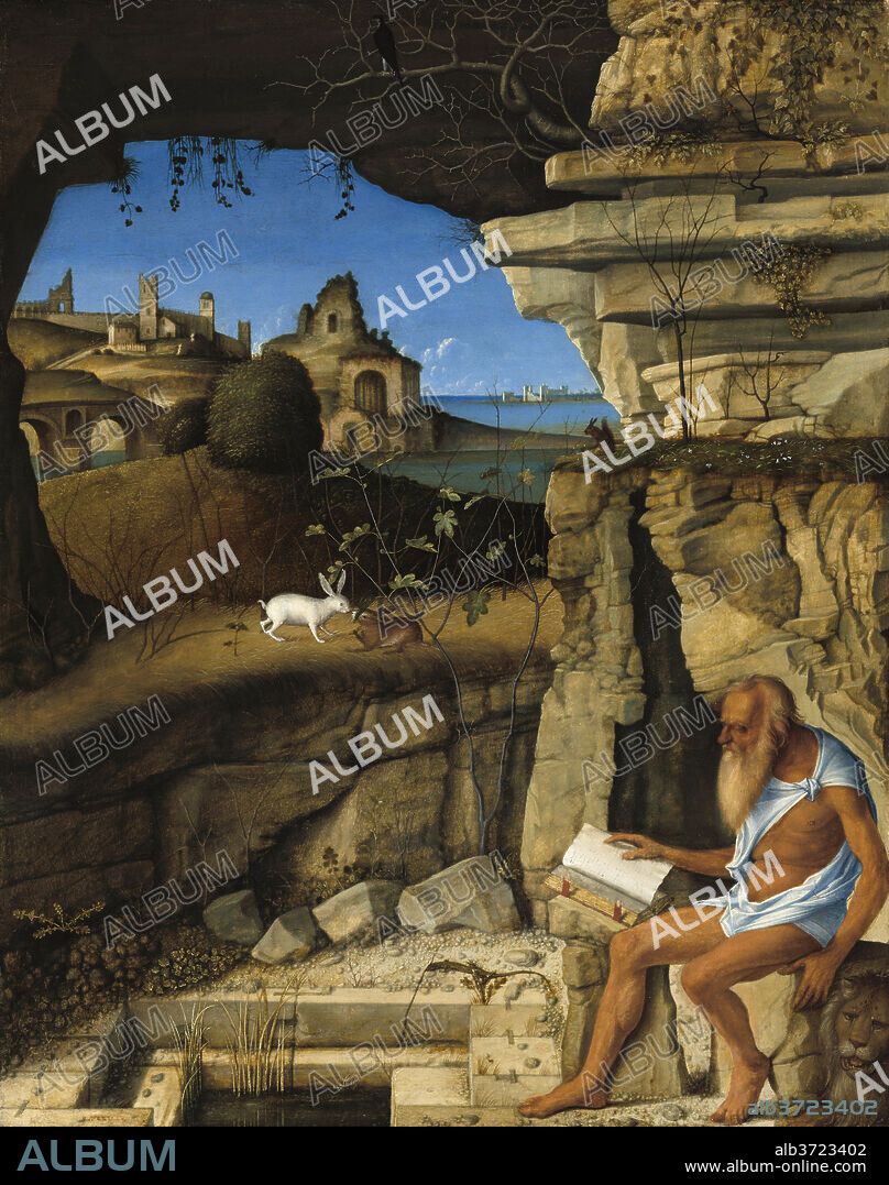GIOVANNI BELLINI. Saint Jerome Reading. Dated: 1505. Dimensions: painted surface: 47 x 37.5 cm (18 1/2 x 14 3/4 in.)  support: 48.9 x 39.5 cm (19 1/4 x 15 9/16 in.)  framed: 62.9 x 52.9 x 6 cm (24 3/4 x 20 13/16 x 2 3/8 in.). Medium: oil on linden panel.