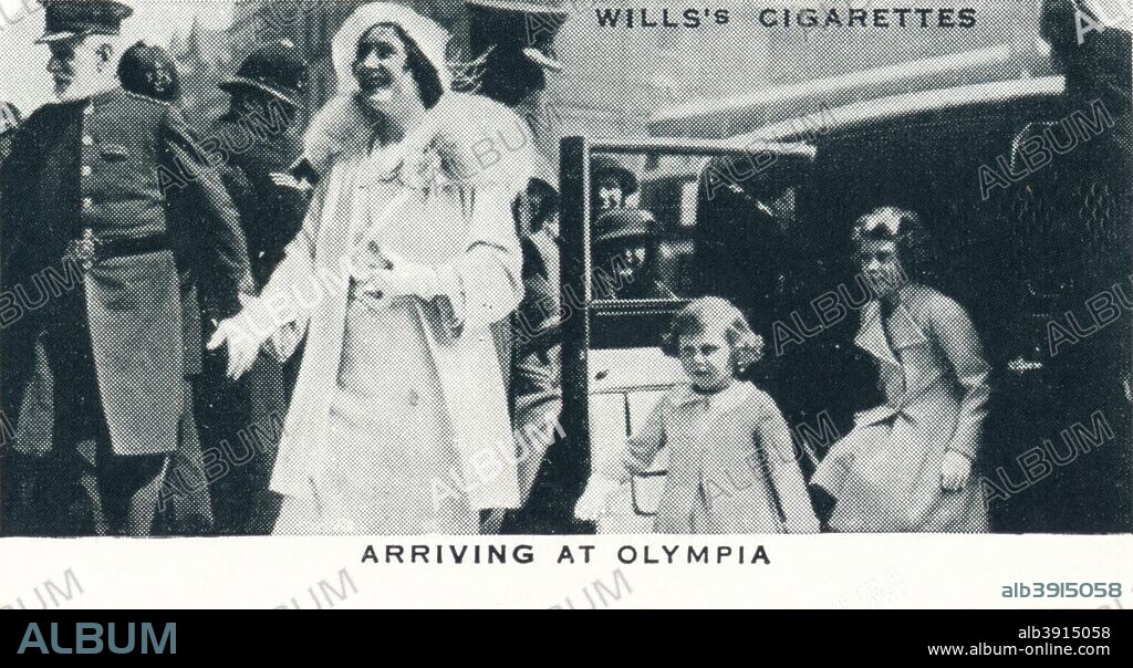 'Arriving at Olympia', 1935 (1937). The Royal Family attending the Royal Tournament held at Olympia, London on 15 May 1935. Card No 41 of 50 from from Our King And Queen cigarette cards produced for W.D. & H.O. Wills, The Imperial Tobacco Company. [London, 1937].