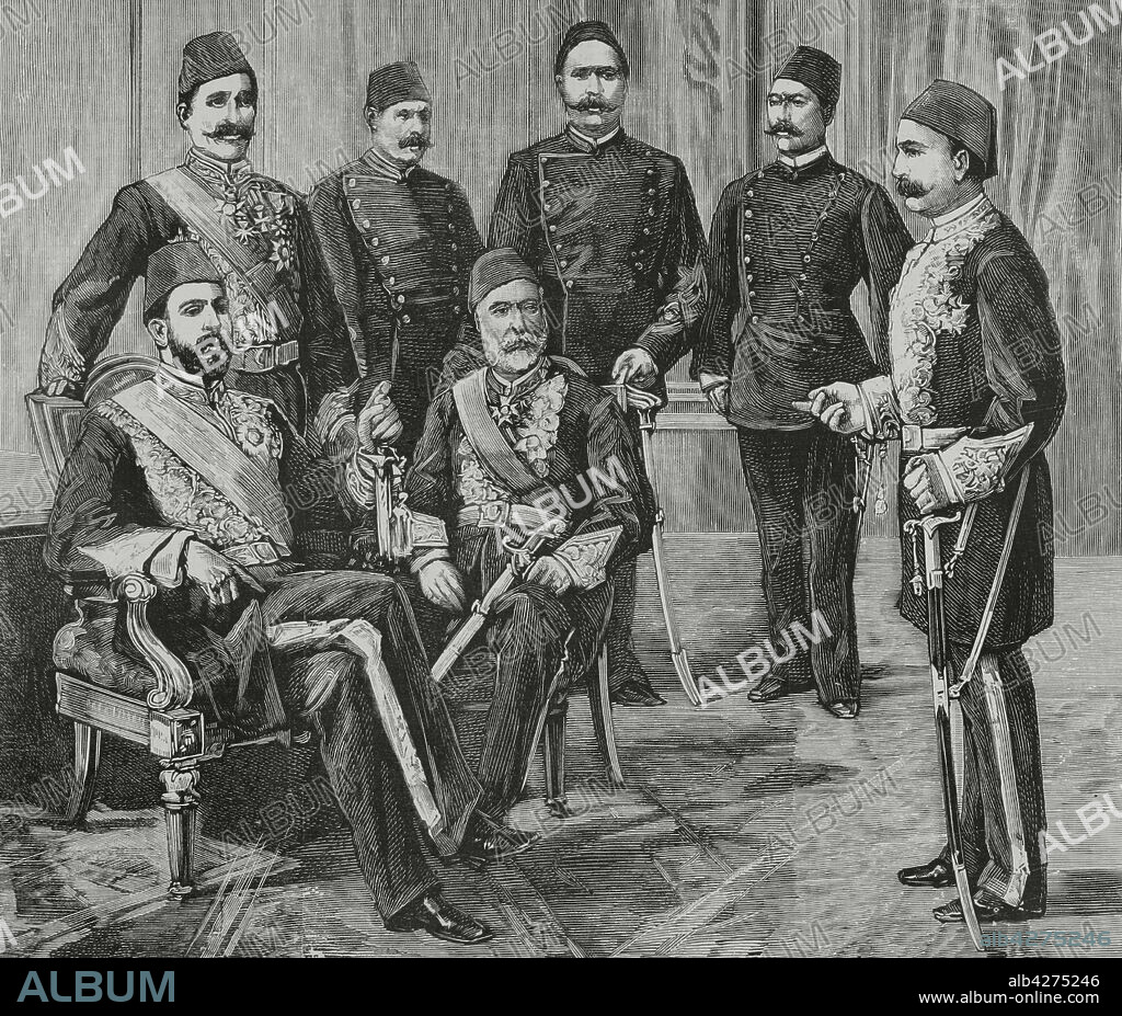 Crisis política y financiera de Egipto. El Jedive de Egipto, Tewfik Pachá (1852-1892) y los principales líderes del partido nacionalista (contrarios a la intervención de las potencias extranjeras en la política egipcia). De izquierda a derecha: Tewfik Pachá (Muhammad Tawfiq), Mustafá Pachá, Ali Fahmi (Bey), Mohamed Sherif Pachá, Ahmed Orabi (Bey), Abdallah Helmi Pachá y Fakhri Pachá. Grabado. La Ilustración Española y Americana, 15 de febrero de 1882.