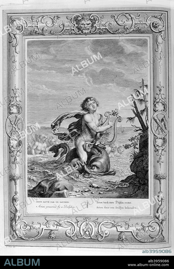Arion saved by a dolphin, 1733. A plate from Le Temple des Muses, Amsterdam, 1733. Found in the collection of Jean Claude Carriere.