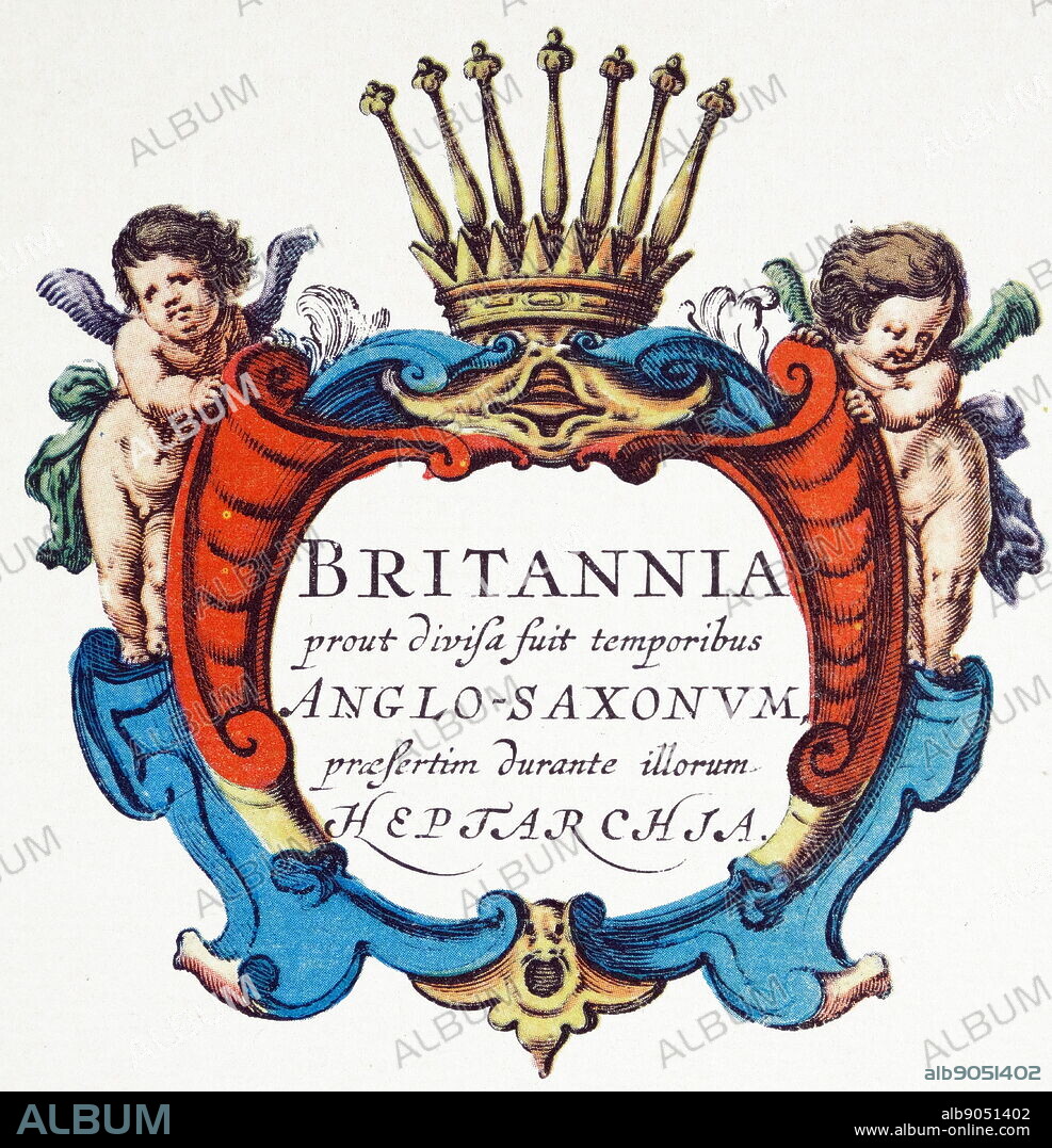 The Heptarchy is a collective name applied to the Anglo-Saxon kingdoms of south, east, and central England during late antiquity and the early Middle Ages, conventionally identified as seven: Northumbria, Mercia, East Anglia, Essex, Kent, Sussex, and Wessex. The Anglo-Saxon kingdoms eventually unified into the Kingdom of England. Detail from an antique map of Britain, by the Dutch cartographer Willem Blaeu in Atlas Novus (Amsterdam 1635).