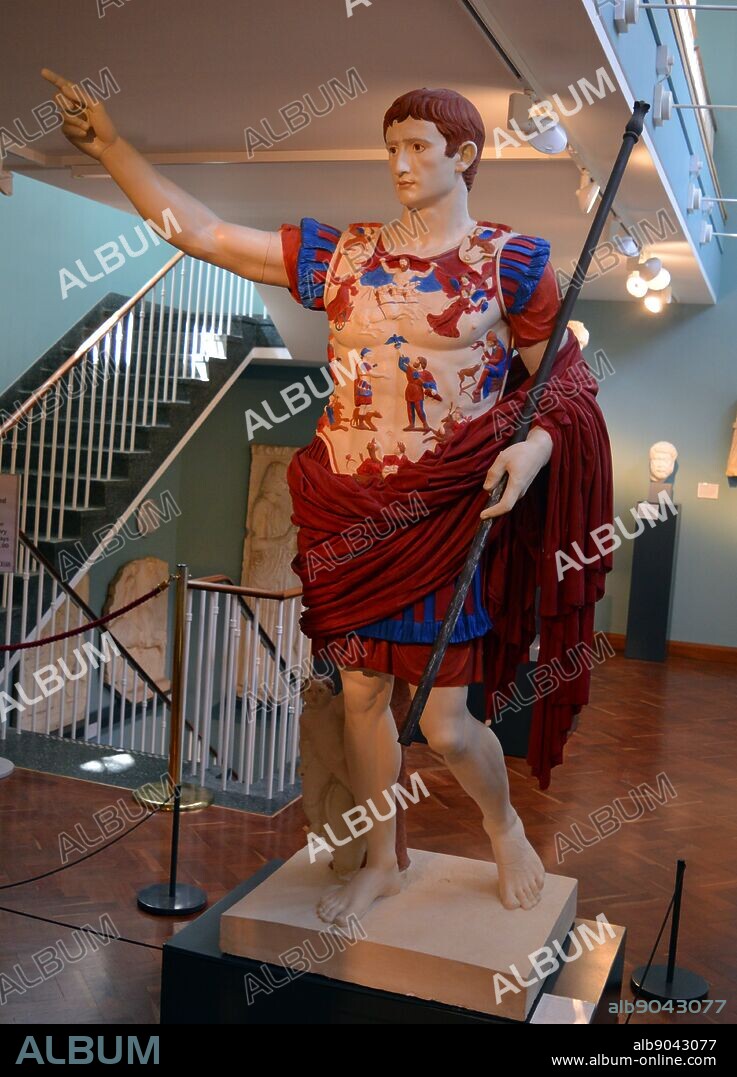 Emperor Augustus (painted). From Villa of Livia at Prima Porta, Rome, c.20 BC. At the time of its discovery (1863) extensive remains of the statue's colourings were visible. In this construction, the original pigments were recreated and their approximate shades applied on the cloak, armour, hair and eyes but not the skin or on the ground of the armour, which were originally left uncoloured. The result shows some of the startling effects of polychromy applied to statues in antiquity.
