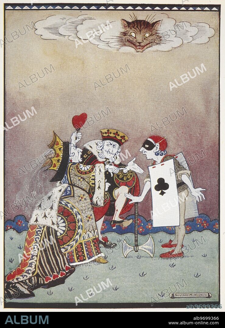 The Queen of Hearts shouting at the Executioner while the King of Hearts and the Cheshire Cat look on.,'There was a dispute going on, between the Executioner, the King, and the Queen, who were all talking at once.'.