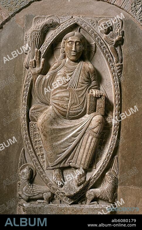 Toulouse (France), Saint-Sernin.-Christ Pantocrator.-Marble relief, 11th century.