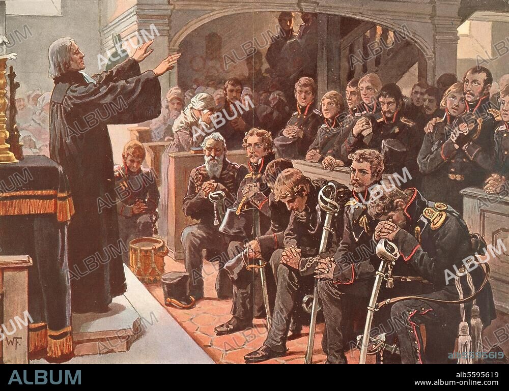 Befreiungskriege 1813-15. "In der Dorfkirche zu Rogau. Einsegnung des Lützow'schen Freikorps vor dem Auszuge in den Kampf" (März 1813). Farbdruck nach Gouache von Woldemar Friedrich (1846-1910). Aus: Hermann Müller-Bohn, Die deutschen Befreiungskriege, Bilderschmuck von Carl Röchling, Richard Knötel, Woldemar Friedrich und Franz Stassen, Bd. 2, Berlin (Paul Kittel) 1910.