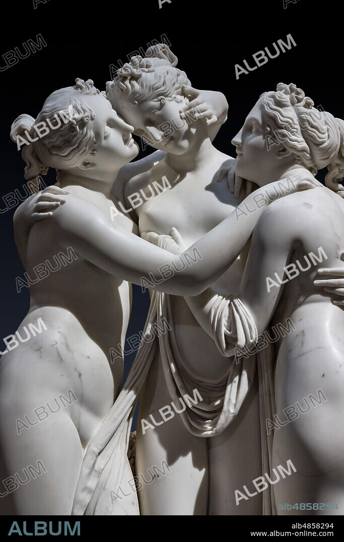 "The three Graces", 1812-17, by Antonio Canova (1757 - 1822), marble statue. Detail of the faces and the embrace.