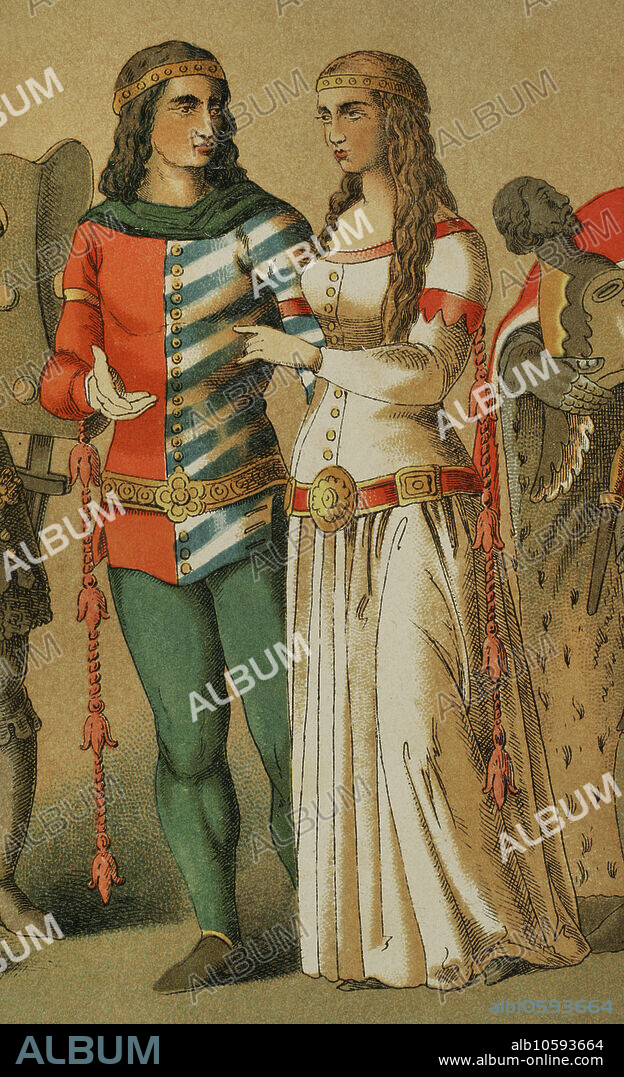 Historia de Alemania. 1350 a 1400. Noble y dama. Cromolitografía. Detalle. "Historia Universal", por César Cantú. Tomo VI, 1885.