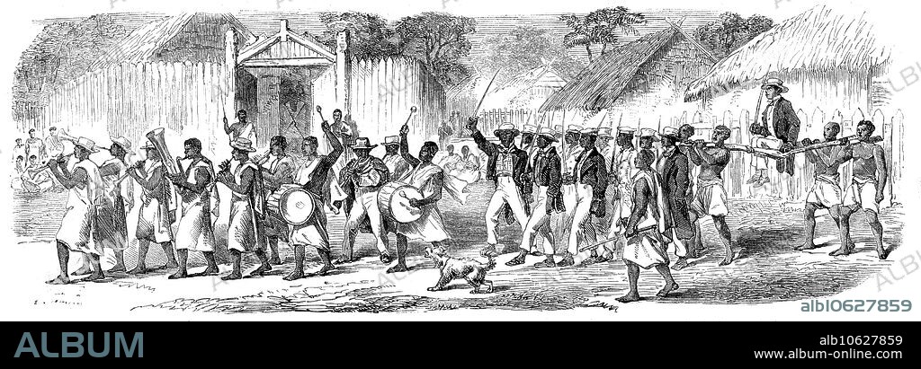 Procession of the British Envoys to Madagascar from the seashore to the Fort of Tamatave to dine with the Governor of Tamatave, 1862. Engraving from a drawing by Lieutenant P. P. Oliver, of the Royal Artillery. 'The band; officers; a native of rank borne by slaves...The band followed the advanced guard, in the roar of which came the officers with drawn swords, and after them a native dignitary in a chair supported by four slaves'. From "Illustrated London News", 1862.