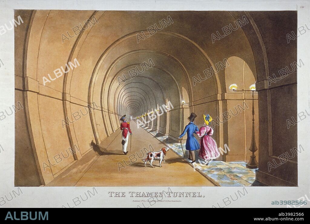 Interior view of the Thames Tunnel, London, 1830. The Thames Tunnel, connecting Wapping and Rotherhithe, was the first underwater tunnel in the world. Completed as a foot tunnel in 1843, it was converted to a railway tunnel for the East London Railway in the 1860s. Sir Marc Isambard Brunel designed the tunnel, and his son, Isambard Kingdom Brunel, was site engineer.