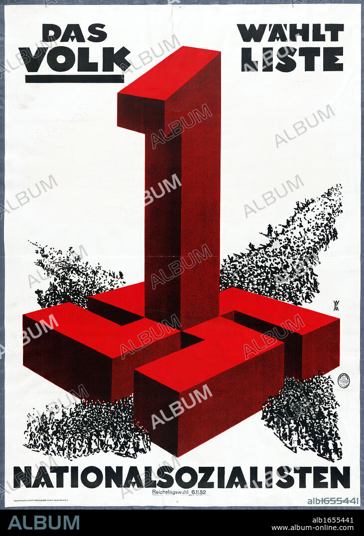 German election poster, 1932. National Socialist (Nazi) Party political campaign. The large number 1 indicates position of Nazi Party in the voting list. People are flocking towards the large swastika to vote. Germany Fascism.