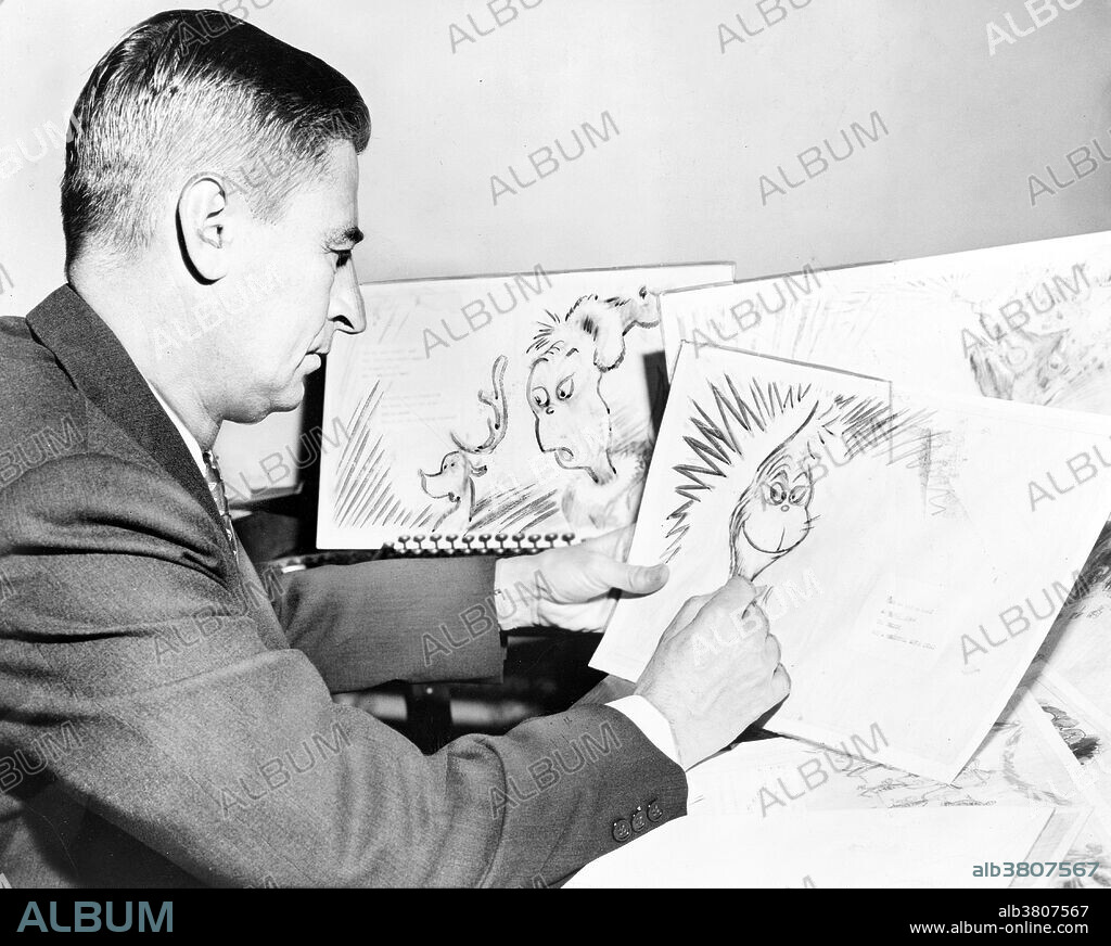 Entitled: "Dr. Seuss (Ted Geisel) at work on a drawing of a grinch, the hero of his forthcoming book, 'How the Grinch Stole Christmas', 1957." How the Grinch Stole Christmas! is a children's story by Dr. Seuss written in rhymed verse with illustrations by the author published as a book by Random House in 1957. The book criticizes the commercialization of Christmas. It was voted one of the "Top 100 Picture Books" of all time in a 2012 poll by School Library Journal. Theodor Seuss Geisel (March 2, 1904 - September 24, 1991) was an American writer, poet, and cartoonist. He was most widely known for his children's books, which he wrote and illustrated under the pseudonym Dr. Seuss. He published 46 children's books, often characterized by imaginative characters, rhyme, and frequent use of anapestic meter. His works have spawned numerous adaptations, including 11 television specials, four feature films, a Broadway musical and four television series. He won a special Pulitzer Prize in 1984 citing his "contribution over nearly half a century to the education and enjoyment of America's children and their parents. He died of oral cancer in 1991 at the age of 87. His birthday, March 2, has been adopted as the annual date for National Read Across America Day, an initiative on reading created by the National Education Association. Photographed by Al Ravenna for New York World Telegram & Sun, 1957.