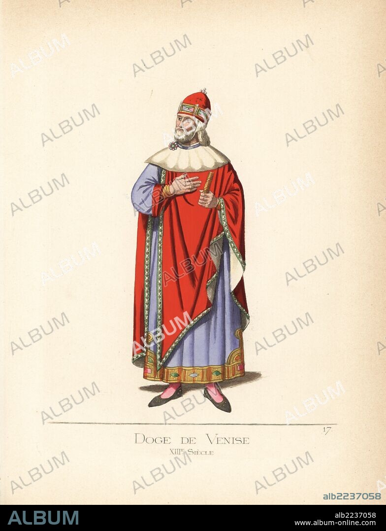 Doge of Venice, 13th century. He wears a red toque with gold crown, scarlet cape lined in ermine, ermine almuce, and violet robe bordered in gold. From a mosaic in the door of Saint Mark's Basilica, Venice. Handcoloured illustration drawn and lithographed by Paul Mercuri with text by Camille Bonnard from "Historical Costumes from the 12th to 15th Centuries," Levy Fils, Paris, 1860.