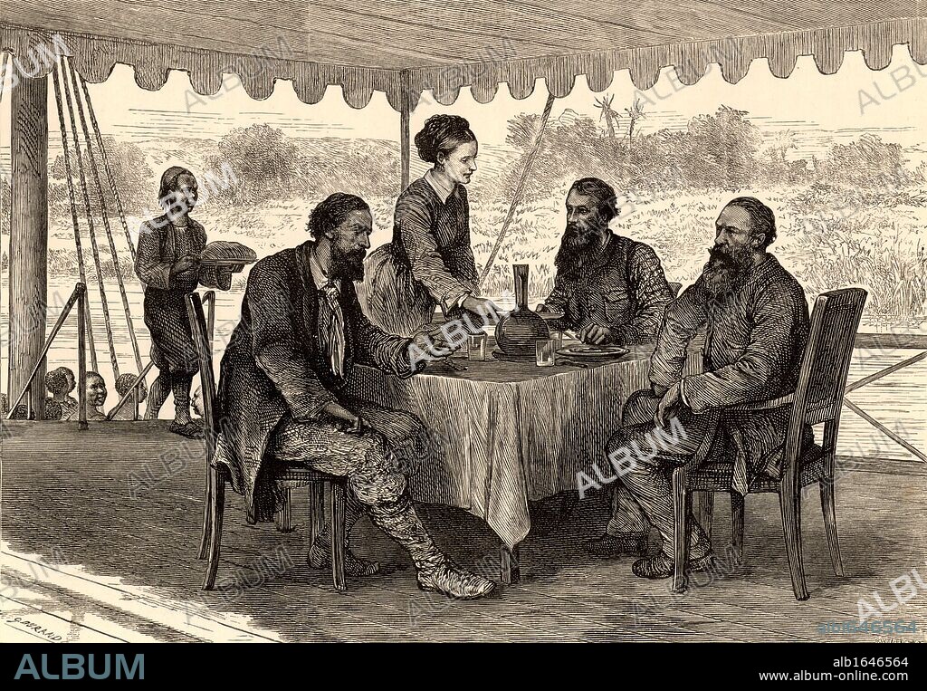 English explorers John Hanning Speke (1827-1864) and James Augustus Grant (1827-1892) at Gondokoro, south Sudan, at the end of their expedition, where they were met by Samuel (1821-1893) and Florence (1841-1916) Baker. On their 1860-1863 expedition Speke and Grant mapped parts of Lake Victoria Nyanza, Africa, and Speke found the outlet of the lake into the White Nile which he named Ripon Falls. From "Heroes of Britain in Peace and War" by Edwin Hodder (London, c1880),  (Photo by: Universal History Archive/UIG via Getty Images).