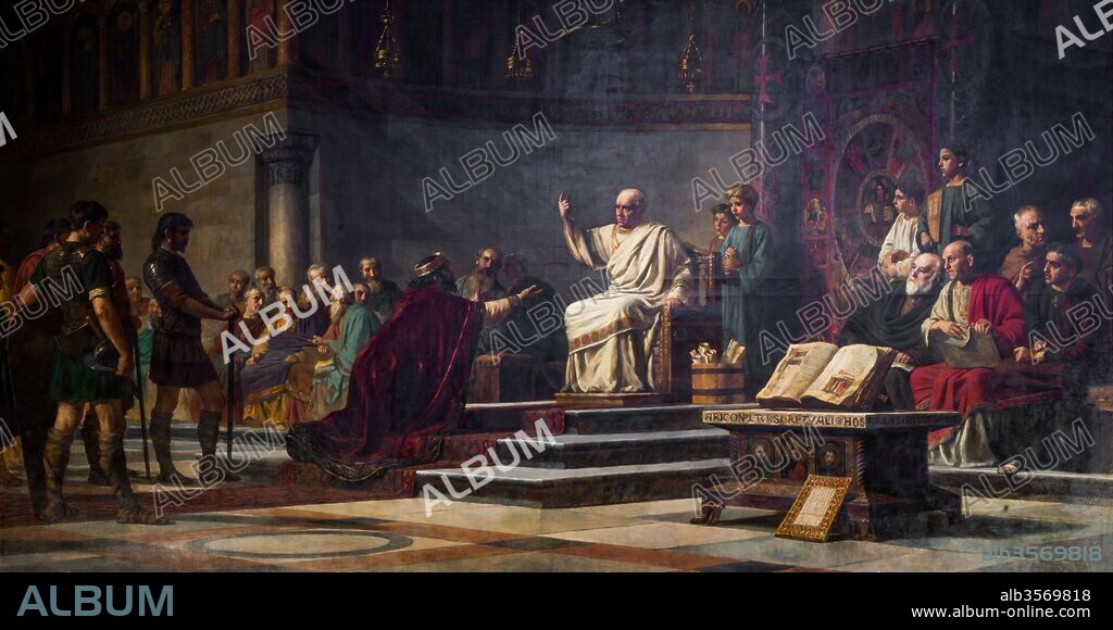 DIONISIO BAIXERAS VERDAGUER. Dionís Baixeras / "El IV Concilio de Toledo presidido por San Isidoro de Sevilla", 1883, Pintura (óleo sobre tela), 3,40 x 6,20 m, Paranimf de la Universidad de Barcelona.