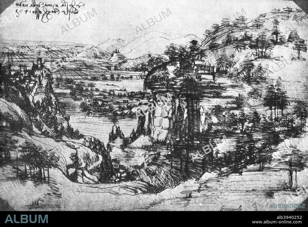 A sketch of a countryside view, 15th century (1930). Original found in the collection of the Galleria degli Uffizi, Florence, Italy. From Apollo magazine, volume XII, no 69 (September 1930).