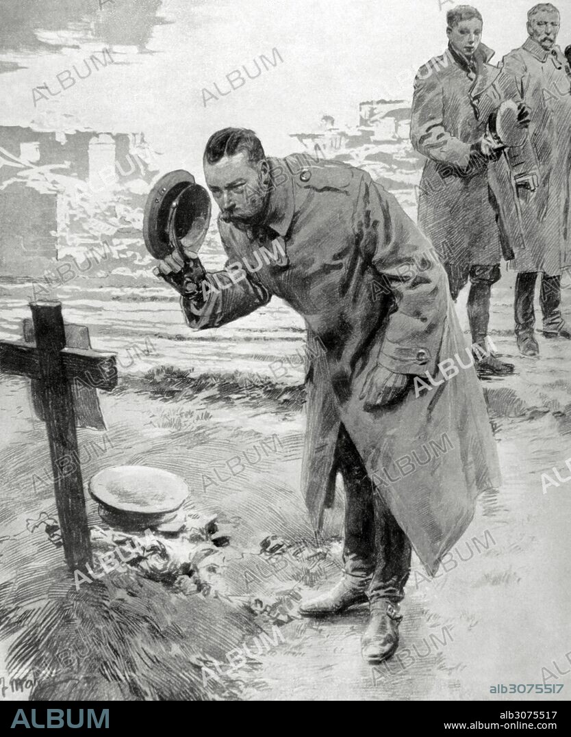 I GUERRA MUNDIAL (1914-1918). "El rey JORGE V del Reino Unido (1865-1936) visitando la tumba de los primeros soldados expedicionarios británicos muertos en la campaña de Francia". Dibujo de Hugo Matania. La Esfera. Siglo XX.