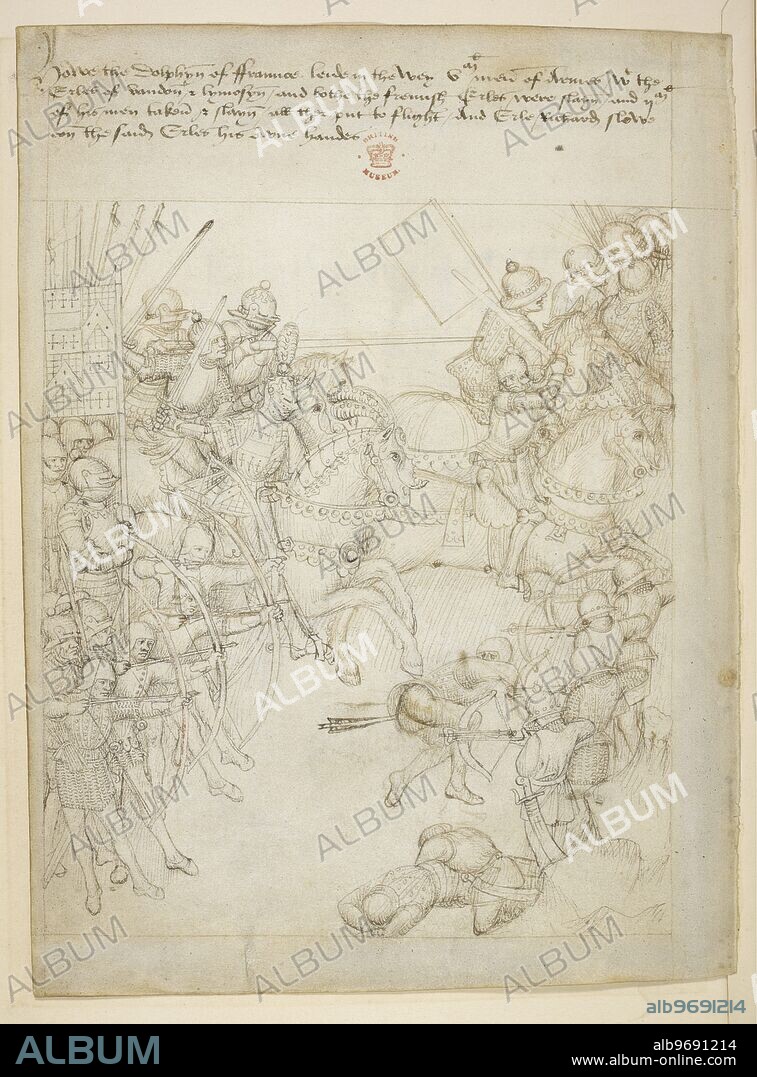 Pageant XL Richard Beauchamp, Earl of Warwick, leading the English army against the French under the Dauphin, 1419. Warwick, wearing a helmet decorated with an ostrich plume, leads his knights in pursuit of the retreating french cavalry. English archers armed with their longbows face French archers armed with cross bows.