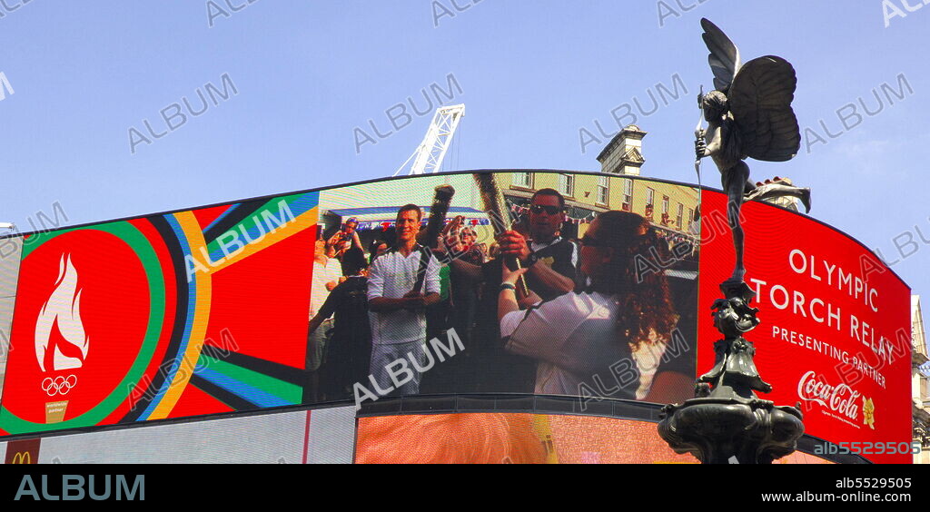 Coca Cola sponsorship slogans in Piccadilly Circus on Sunday 27/05/2012 as London prepares for the 2012 Olympic Games.