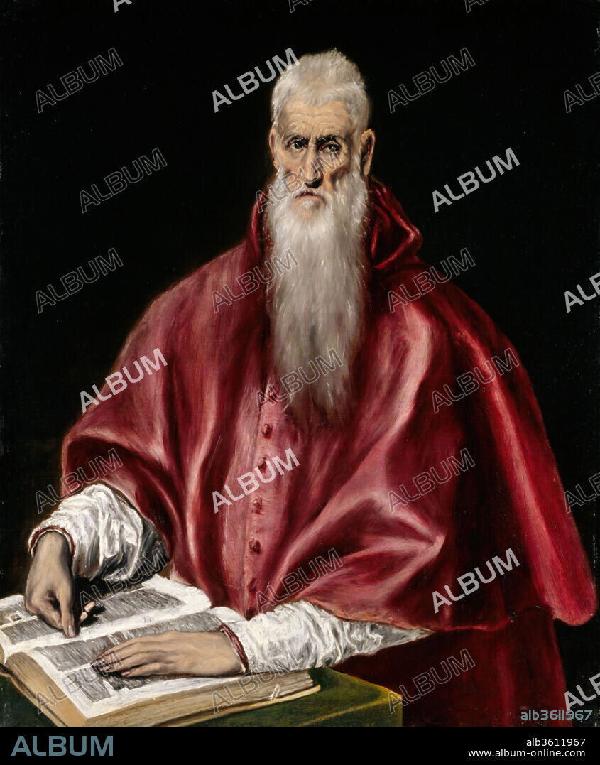 Saint Jerome as Scholar. Artist: El Greco (Domenikos Theotokopoulos) (Greek, Iráklion (Candia) 1540/41-1614 Toledo). Dimensions: 42 1/2 x 35 1/16 in. (108 x 89 cm). Date: ca. 1610.
El Greco executed at least five paintings of Saint Jerome. In this version, from the last years of the painter's life, the saint is shown in the red vestments of a cardinal, seated before an open book, an attribute indicating his role as translator of the Bible from Greek into Latin in the fifth century. His gaunt sunken features and long white beard refer to his familiar guise as a penitent, recalling his retreat to the Syrian desert.. The painting is notable for the novel way in which the artist synthesized the two aspects of Saint Jerome, the scholarly and the ascetic.