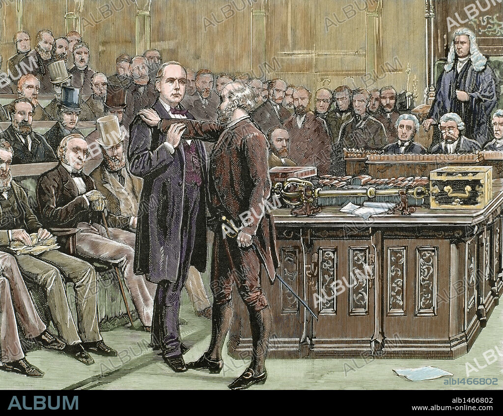 BRANDLAUGH, Charles (Londres,1833-1891). Político inglés. Llevó su propaganda política y social, favorable a todas las agitaciones populares. Cada vez se presentaba en la Cámara de los Comunes haciendo gala de ateísta y negándose por ello a prestar juramento, siendo expulsado". "ARRESTO DEL DIPUTADO BRANDLAUGH POR NEGARSE A ABANDONAR EL SALON DE SESIONES DE LOS COMUNES". Grabado coloreado.