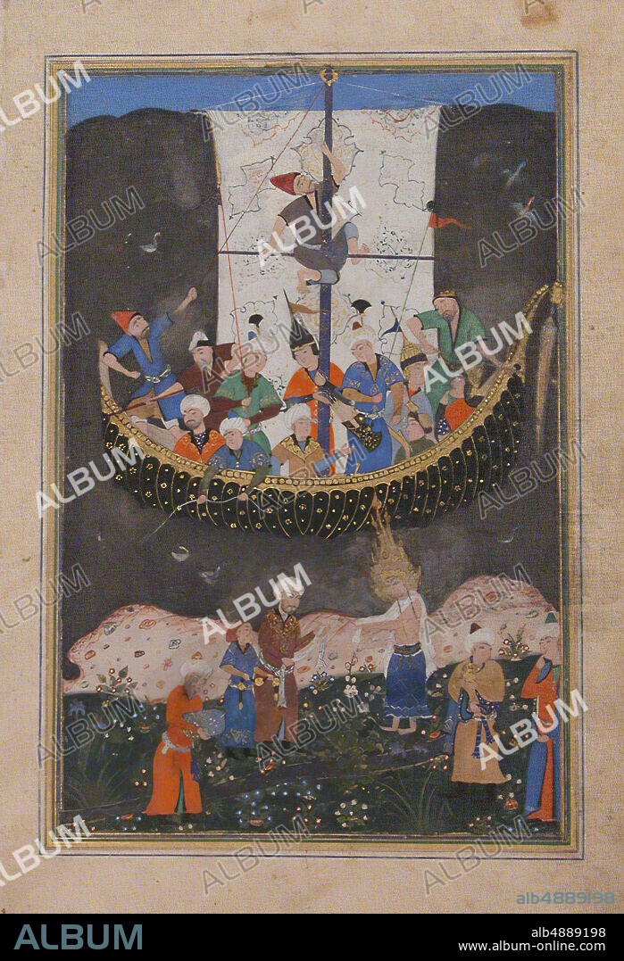 Maulana Nur al-Din `Abd al-Rahman Jami, 'Yusuf Arriving in Egypt and Leaving the Ship in the Nile', Folio of a Yusuf and Zulaykha of Jami, Maulana Nur al-Din `Abd al-Rahman Jami (1414-92), Folio from an illustrated manuscript, A.H. 930/A.D. 1523-24, Attributed to present-day Uzbekistan, Bukhara, Opaque watercolor, silver, and gold on paper, Painting: H. 7 3/8 in. (18.7 cm), W. 4 3/4 in. (12.1 cm), Page: H. 10 5/8 in. (27 cm), W. 6 5/16 in. (16 cm), Mat: H. 19 1/4 in. (48.9 cm), W. 14 1/4 in. (36.2 cm), Joseph arriving in Egypt, Codices.