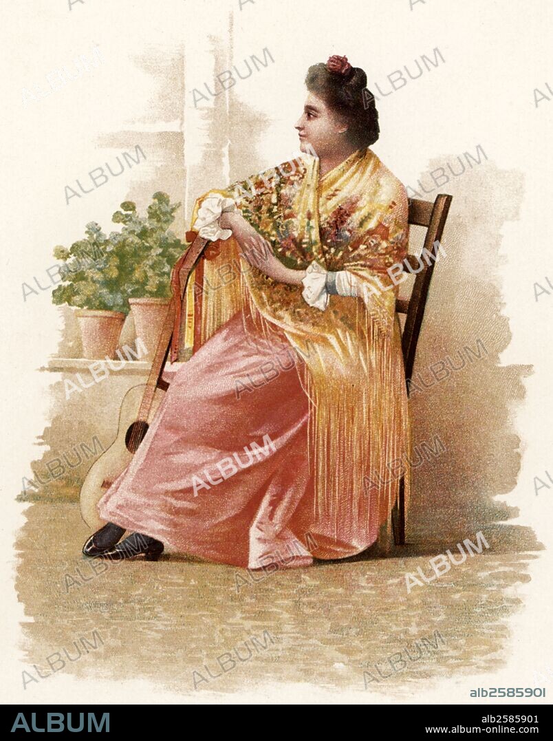 MANUEL MORENO RODRÍGUEZ. Tipos españoles. Sevillana con traje típico. Madrid, años 1880.