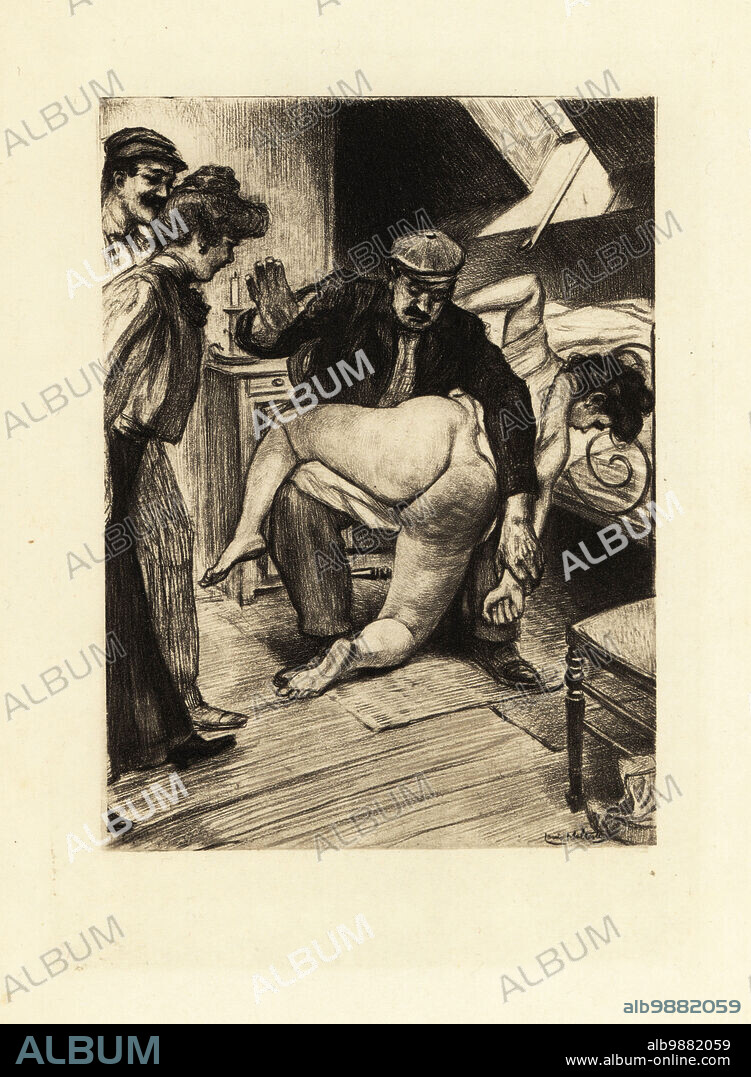 A man spanking the exposed buttocks of a woman in a French attic. He holds the woman's right arm and spanks her with his palm. A man and a woman watch. Photogravure after an illustration by Louis Malteste from Jacques dIcys Qui Aime Bien ou la flagellation dans la vie moderne, Jean Fort, Paris, 1912.