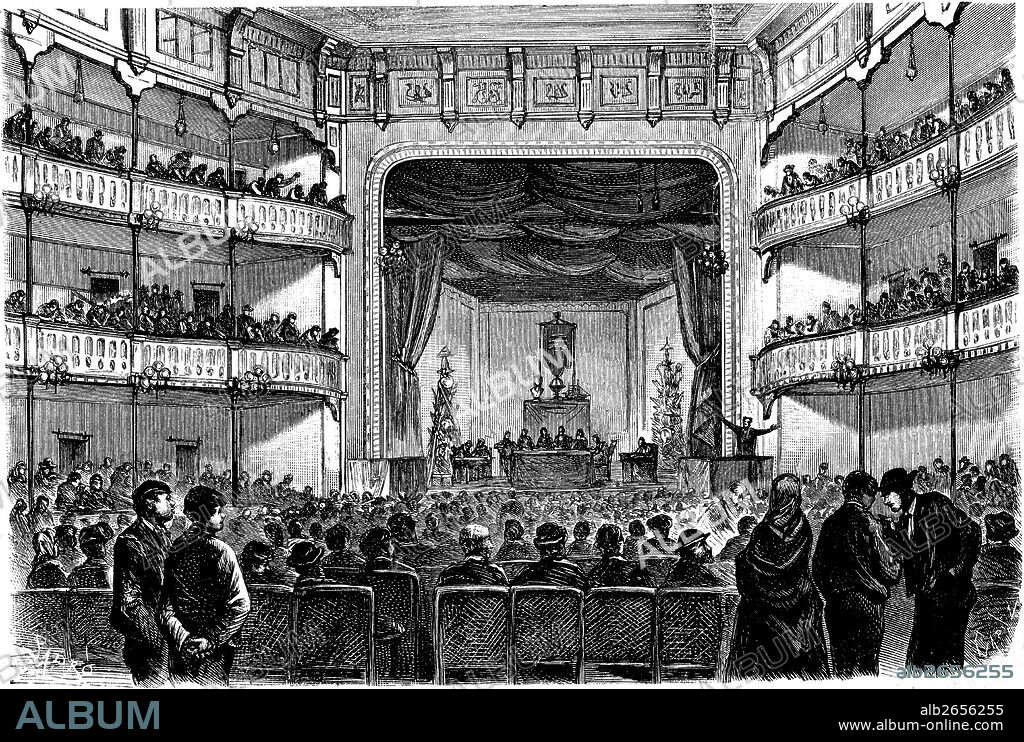 Barcelona. Revolución de 1868. Congreso de obreros celebrado el 20 de junio de 1870. Grabado de 1870.