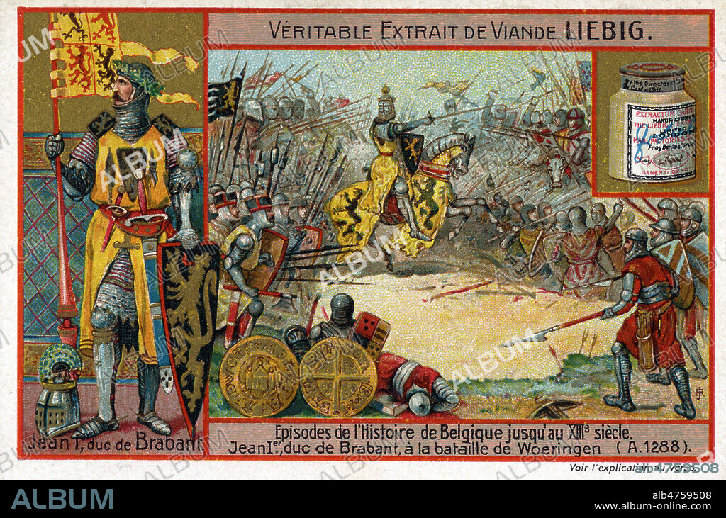 'JEAN Ier, Duc de Brabant, a la bataille de Woeringen (1288)'. Illustration anonyme de 1907 pour un chromo Liebig de la serie 'Episodes de l'histoire de Belgique jusqu'au 13eme s'. Credit : Collection KHARBINE-TAPABOR.