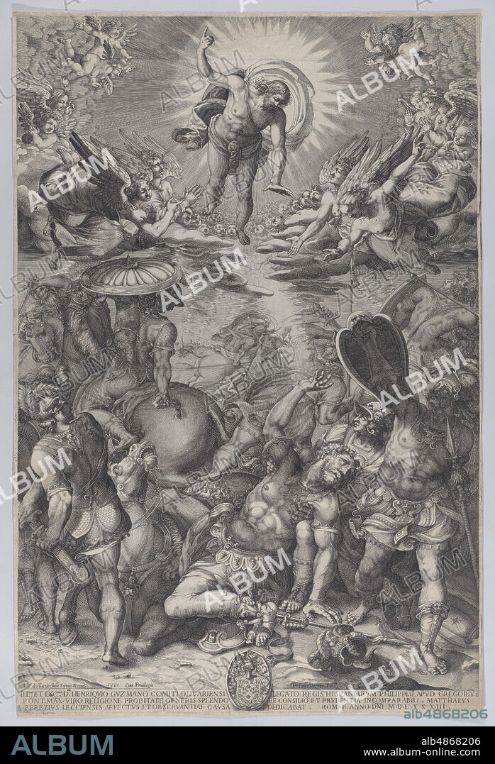 PIETER PERRET y MATEO PEREZ DE ALESIO. The conversion of Saul, who lies on the ground surrounded by horses and soldiers as Christ appears above him, 1583.