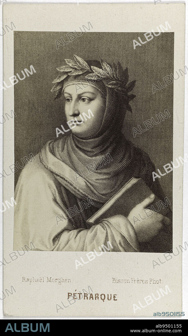 Portrait of Petrarch, (Francesco Petrarca, said), (1304-1374), (poet, humanist) after Raphaël Morghen, Bisson Frères, Photographer, Between 1860 and 1890, 2nd half of the 19th century, Photography, Graphic arts, Photography, Albumen paper print, Dimensions - Work: Height: 7.2 cm, Width: 5.2 cm, Dimensions: Height: 10.2 cm, Width: 5.9 cm.