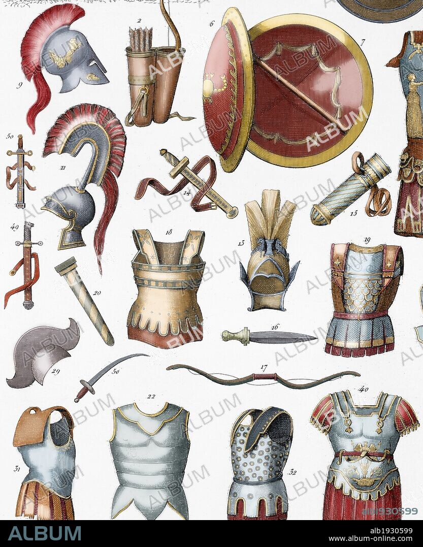 CORAZAS Y ARMAS utilizadas por el ejército romano. Grabado coloreado del siglo XIX.