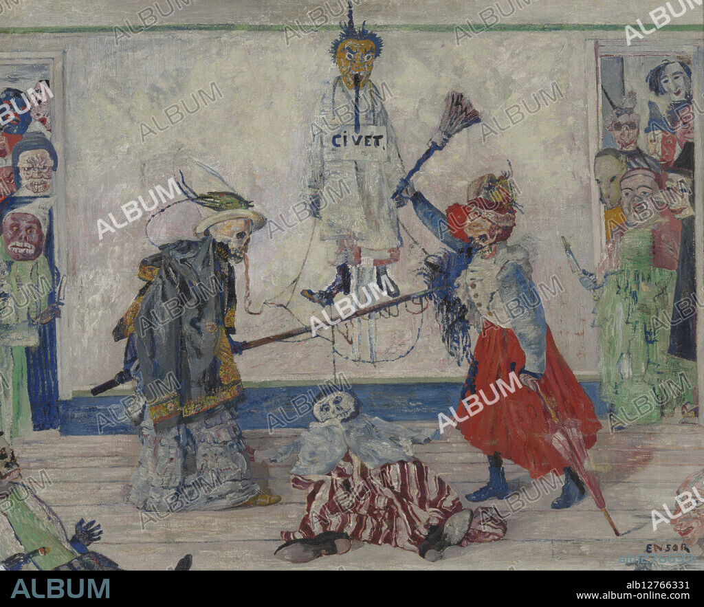 JAMES ENSOR. Skeletons Fighting over the Body of a Hanged Man, 1891.