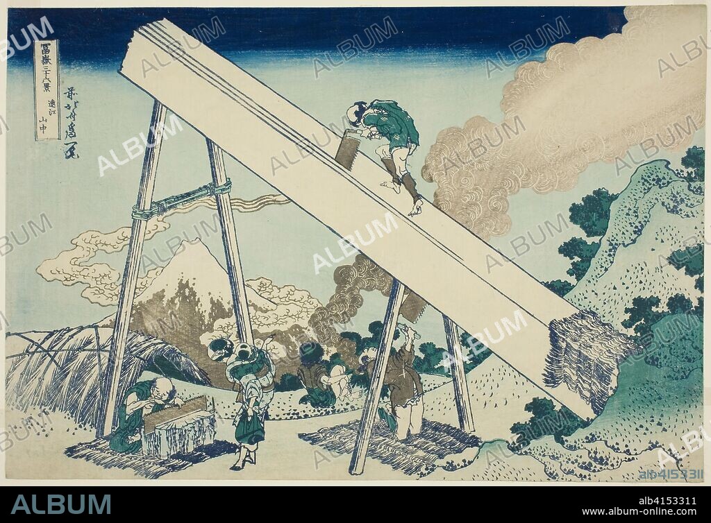 In the Mountains of Totomi Province (Totomi sanchu), from the series "Thirty-six Views of Mount Fuji (Fugaku sanjurokkei)". Katsushika Hokusai ?? ??; Japanese, 1760-1849. Date: 1825-1838. Dimensions: 10 3/16 x 14 11/16 in. Color woodblock print; oban. Origin: Japan.
