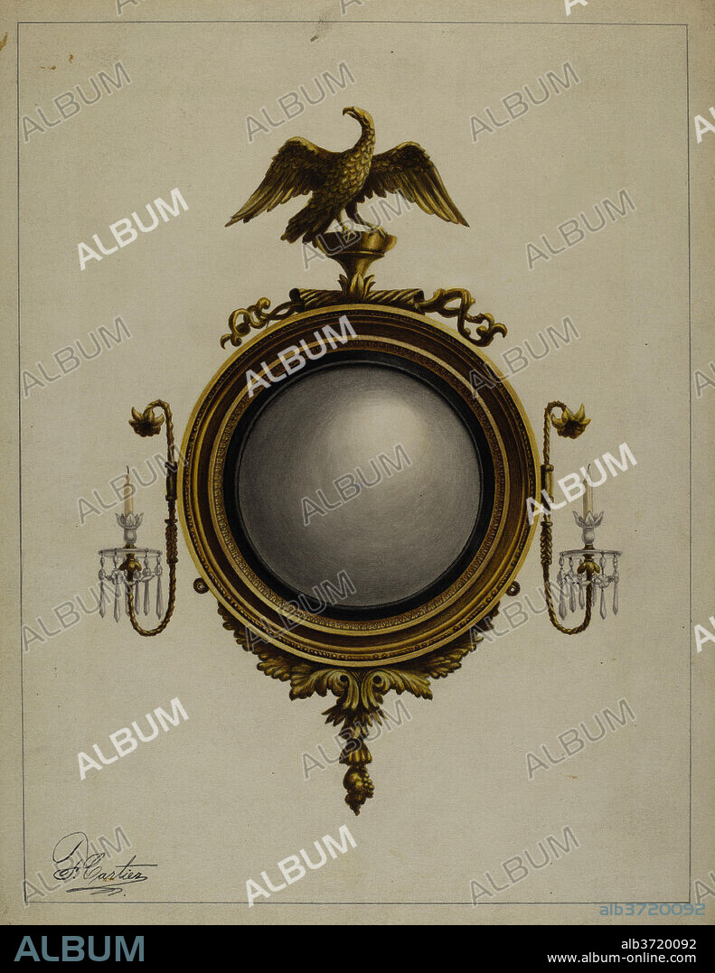 FERDINAND CARTIER. Mirror (one of a pair). Dated: 1936. Dimensions: overall: 29.5 x 22.7 cm (11 5/8 x 8 15/16 in.)  Original IAD Object: 46 1/2"high; 32 1/2"wide 24"in diam.. Medium: watercolor, colored pencil, graphite, and heightening on paperboard.