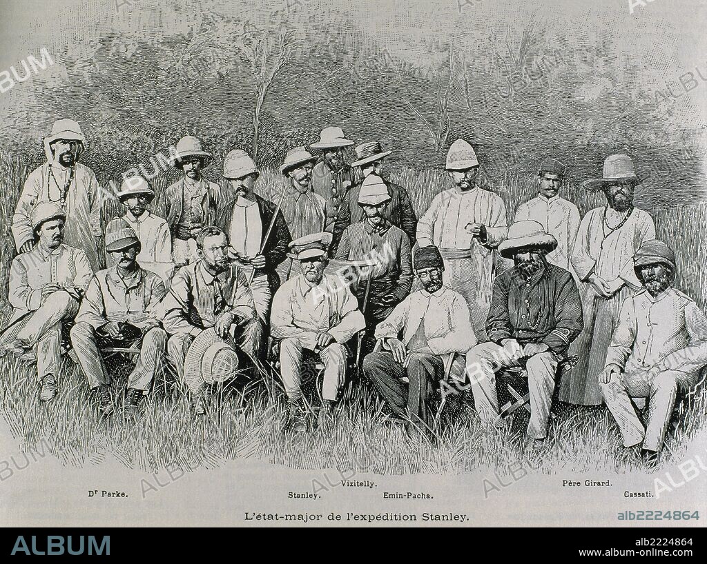 Henry Morton Stanley (1841-1904). British explorer. Staff officer of the expedition of Stanley. Among them, Dr. Parke, Vizitelly, Emin Pacha, Pere Girard and Cassati. Engraving.