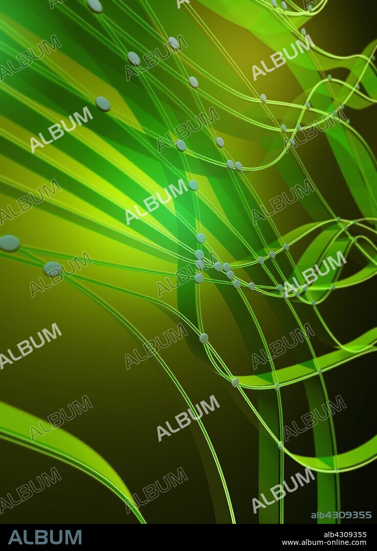 Abstract green pattern of interconnecting cables and dots.