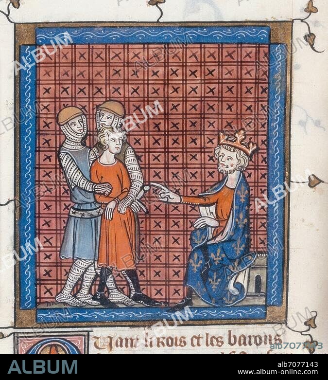 Philip II Augustus, King of France. (1180-1223); 1165-1223. Philip II and Count Ferdinand of Flanders (?), captured in the battle of Bouvines (27.7.1214) (defeat of the Anglo-Welfian alliance). Ms. illumination, French, 2nd quarter of the 14th cent. Fr.: Grandes Chroniques de France. Ms. Royal 16, G VI, fol. 382 v, London, British Library.