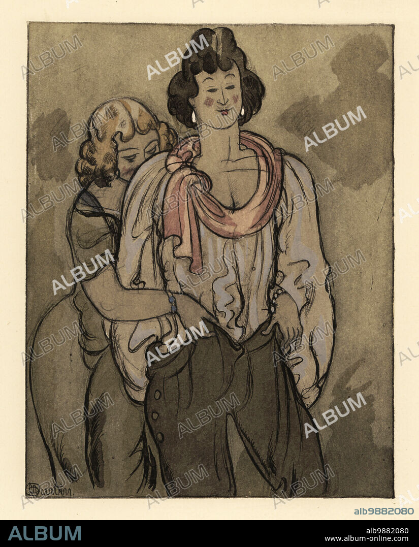 Woman removing a young mans breeches. Constance seduces the gentleman Camillus. The amorous courtesan. La courtisane amoureuse. Lithograph handcoloured in pochoir (stencil) after an illustration by Charles Martin from Jean de la Fontaines Contes et Nouvelles en Vers, Tales and Novellas in Verse, Libraire de France, Paris, 1930.