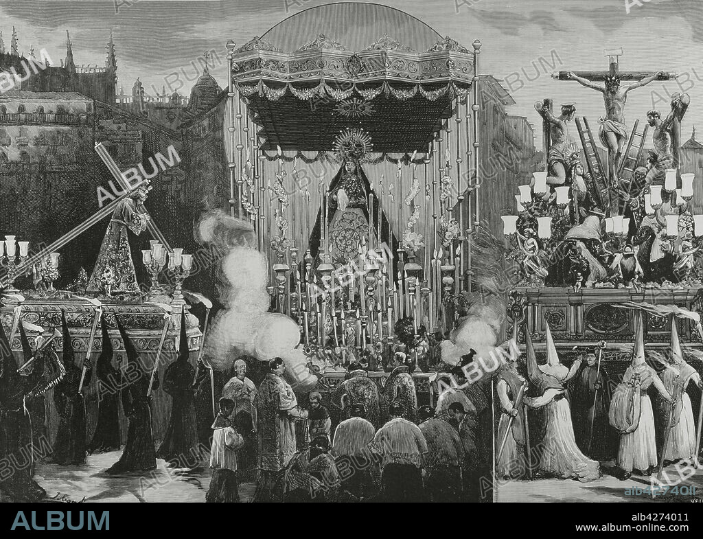 JUAN COMBA GARCÍA (1852-1924). SPANISH ARTIST. EUGENIO VELA (D. 1895). SPANISH ENGRAVER.. Spain, Andalusia. Holy Week in Seville. Religious steps of "Jesús Nazareno" (Jesus the Nazarene), "Nuestra Señora de la O" (Our Lady of the O), and "Santisimo Cristo de la Salud" (Holy Christ of Health), in the Good Friday processions. Illustration by Juan Comba. Engraving by Vela. La Ilustración Española y Americana, 1882.