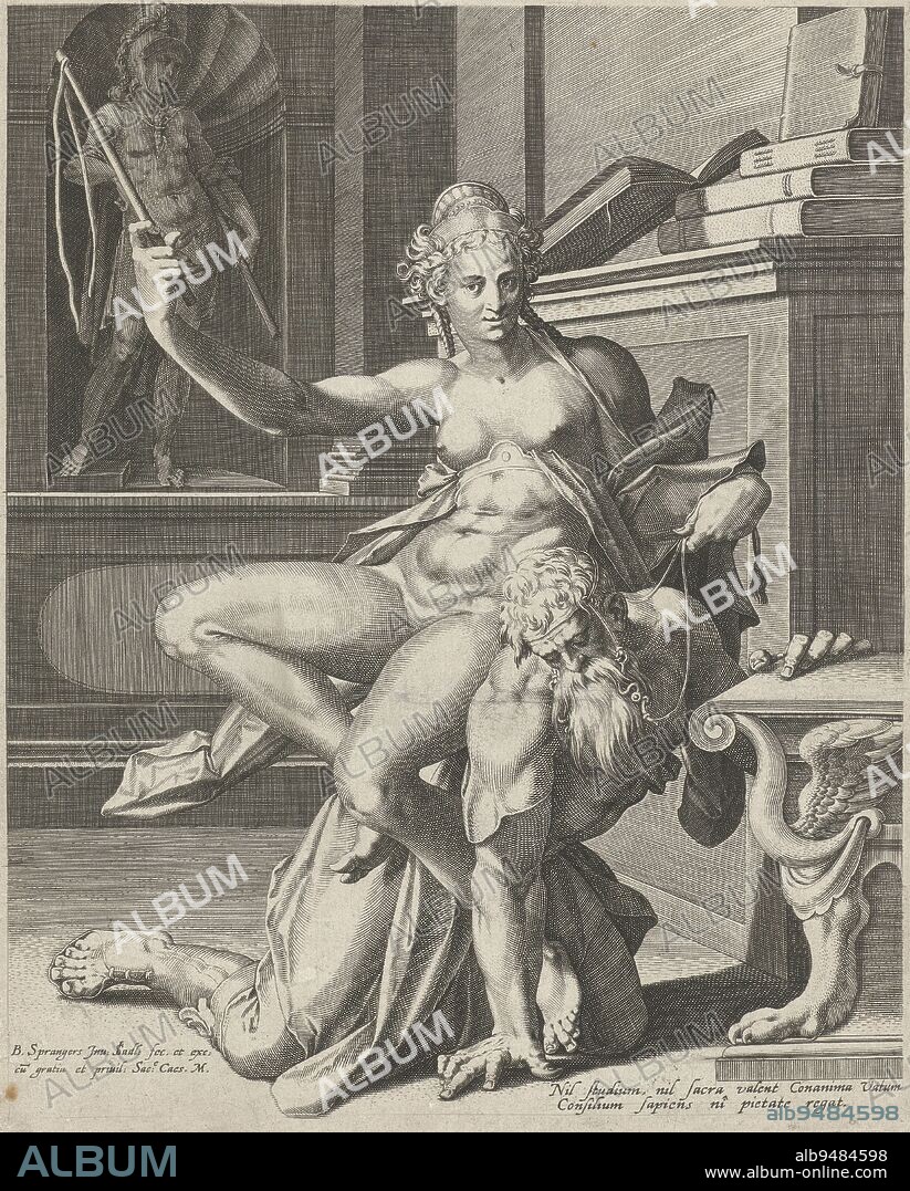 The old Aristotle crawls on his knees on the ground. The young nude Phyllis sits on his back, holding with her left hand the toom of the teeth she has put on Aristotle. In the right hand she holds the whip raised., Aristotle and Phyllis, print maker: Johann Sadeler (I), (mentioned on object), Bartholomeus Spranger, (mentioned on object), publisher: Johann Sadeler (I), (mentioned on object), print maker: Germany, publisher: unknown, 1586 - 1595, paper, engraving, h 270 mm × w 217 mm.