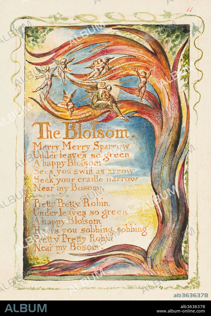 Songs of Innocence and of Experience: The Blossom: Merry Merry Sparrow. Artist: William Blake (British, London 1757-1827 London). Dimensions: sheet: 6 3/16 x 5 9/16 in. (15.7 x 14.1 cm). Date: ca. 1825.