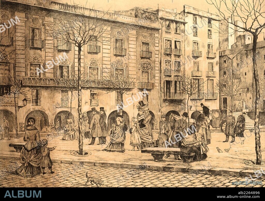 Barcelona. Aspecto de la plaza de San Sebastián en 1880. Grabado de la época.