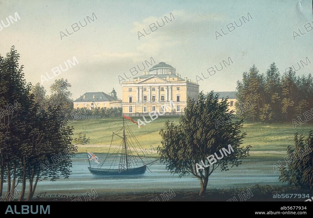 Pavlovsk près de St-Pétersbourg (Russie). Grand Palais (constr. 1782-86 pour le futur empereur Paul Ier ; arch. : Charles Cameron ; agrandit en 1796-99 ; arch. : Vincenzo Brenna). - Vue du palais depuis la colonnade d'Apollon. Aquarelle, av. 1822, de Stepan P. Galaktionov (1779-1854). H. 0,115 ; L. 0,165. Pavlovsk, Grand Palais.
