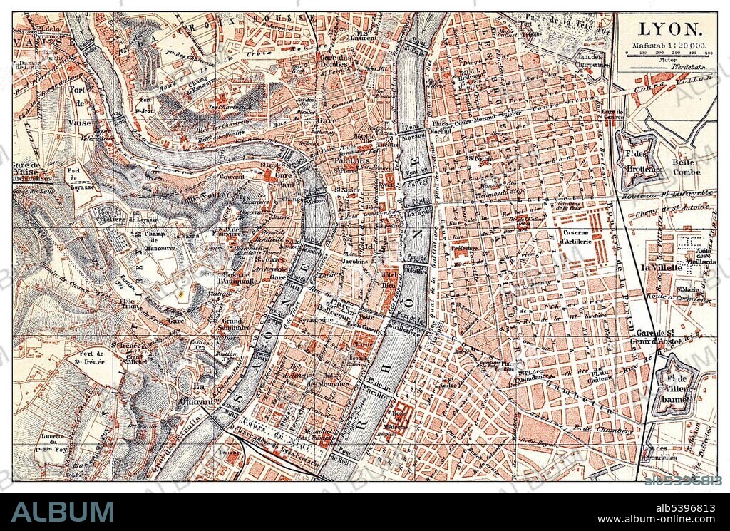 Historical map of Lyon, France, 19th century, from Meyers Konversations-Lexikon encyclopaedia, 1890, Europe.