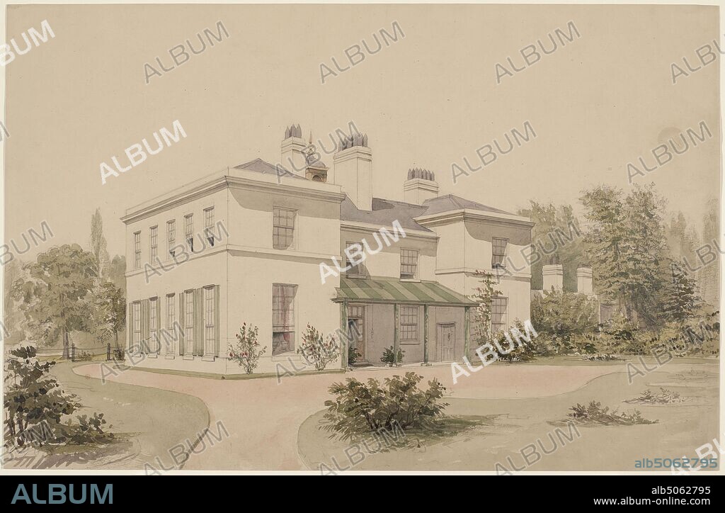Heathfield Hall, Handsworth, 1853 By Allen Edward Everitt, Heathfield Hall, sometimes referred to as Heathfield House, was erected in Birmingham between 1787-90 for the celebrated engineer and inventor, James Watt, and was designed by Samuel Wyatt. Situated to the north of Heathfield Road in Handsworth, the hall was eventually, in 1876, surrounded by a new development of semi-detached villas on the Heathfield estate. It was demolished in 1927., Watercolour, Topographical Views, Science and Industry, Industrial Revolution, Birmingham history, England, Midlands.