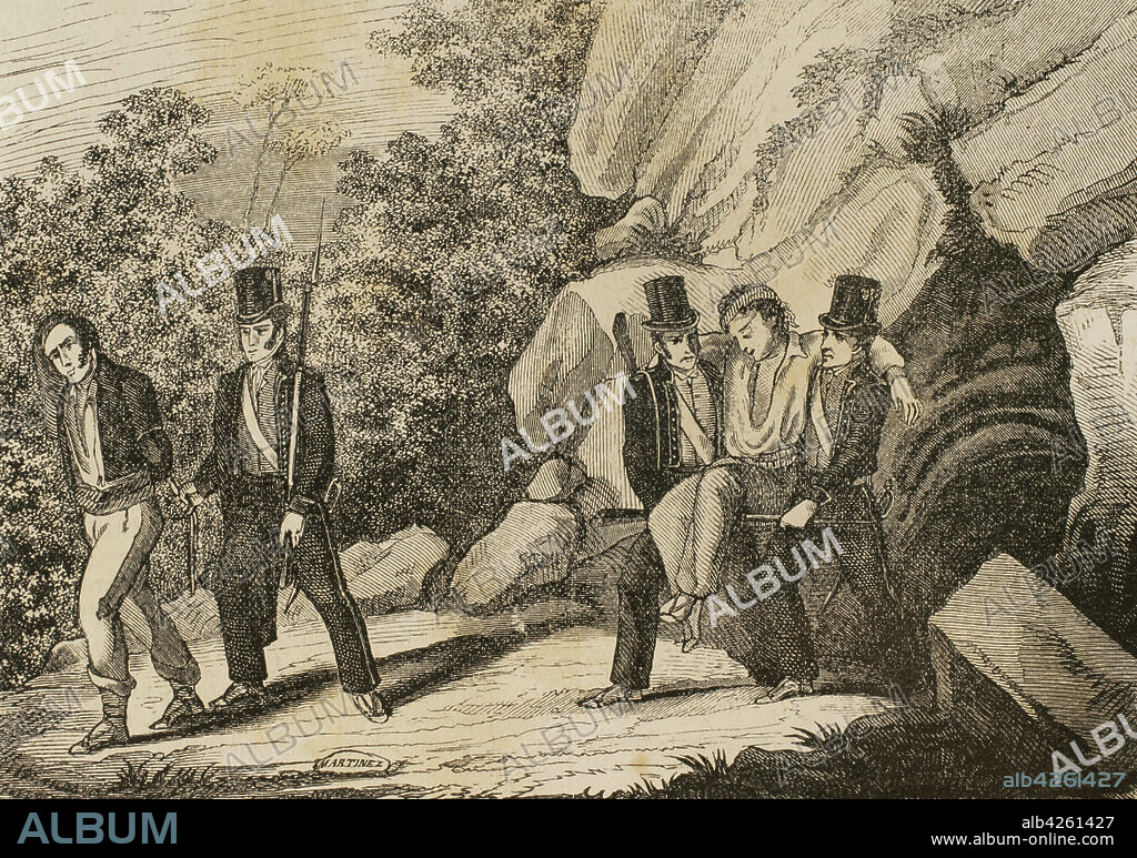 Bandolerismo. Cataluña. Mozos de Escuadra (Mossos d'Esquadra) deteniendo a un bandido (con uniforme datado desde 1850). "El bandido expiró, apenas fue sacado de la cueva". Grabado. Historia de las Escuadras de Cataluña, 1876.